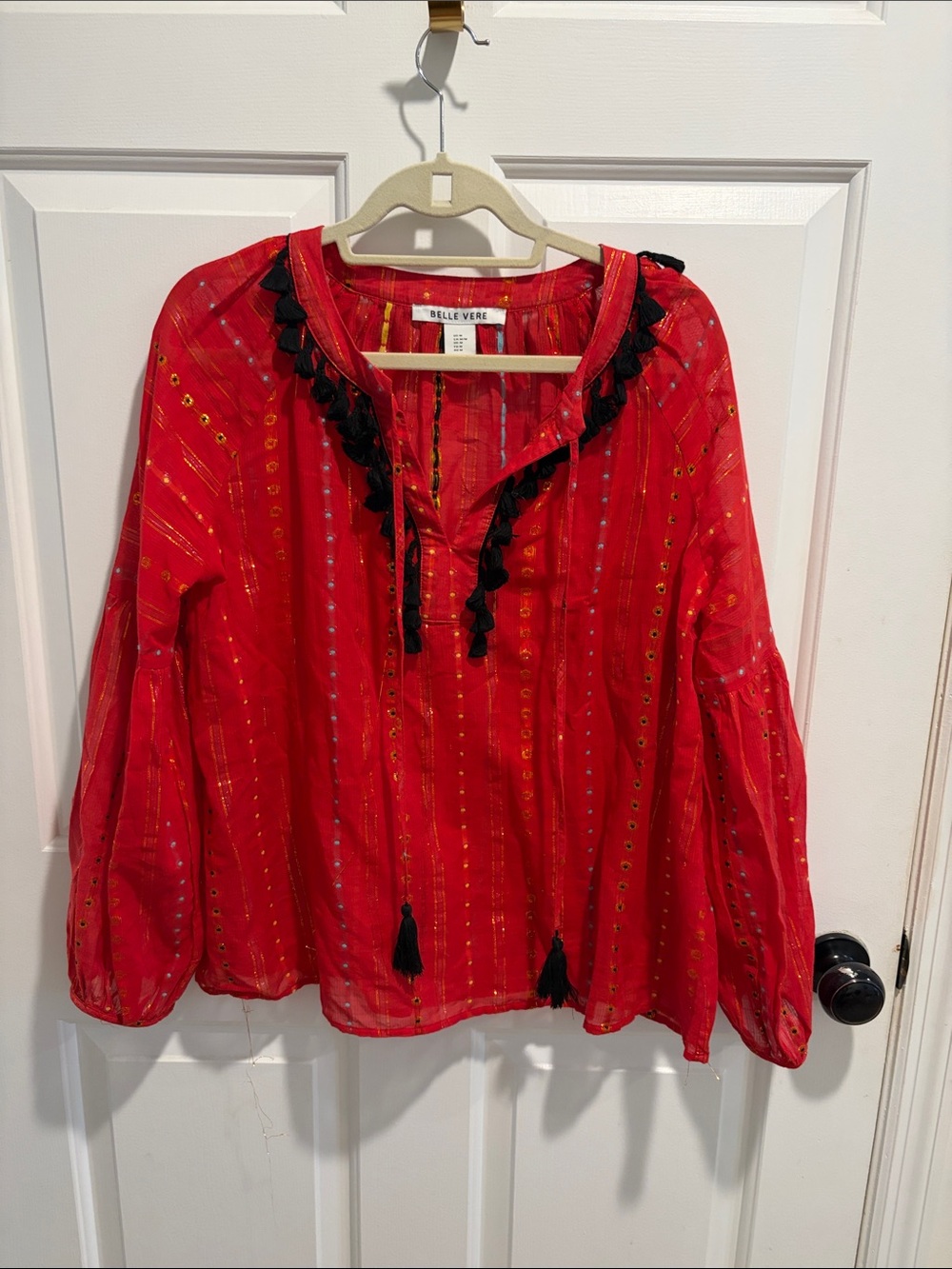 Belle Vare Red Boho Tassel Blouse